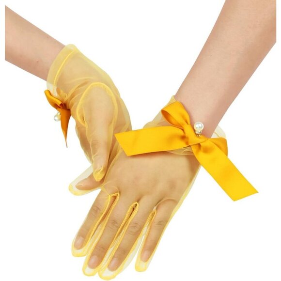 Accessories - Women's Tulle Mesh Yellow Bow Pearl Short Gloves Hallowmas Wedding Accessory